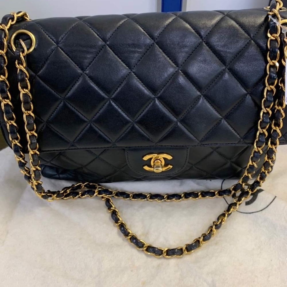 Pre loved Vintage Chanel Double Sided Flap Bag in Quilted Lamb skin ,Jumbo Size
